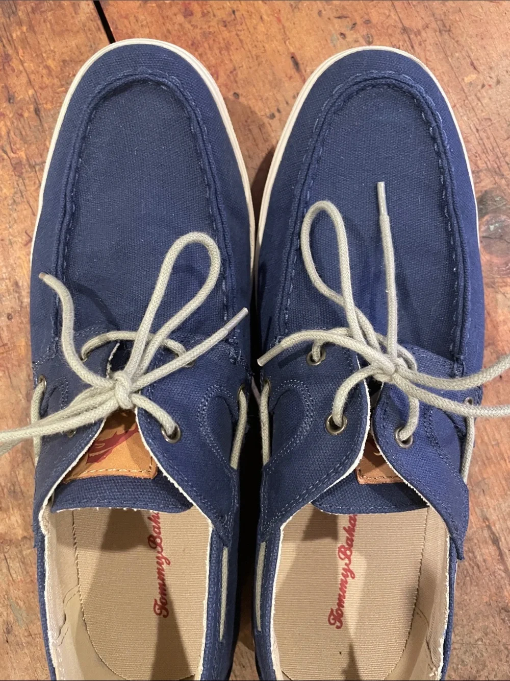 Tommy Bahama Navy Canvas Boat Shoes with Tan Laces